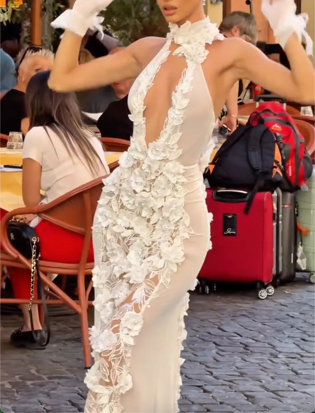 White Halter Neck Mermaid Evening Gown - 3D Floral Lace Applique with Matching Gloves Formal Dress