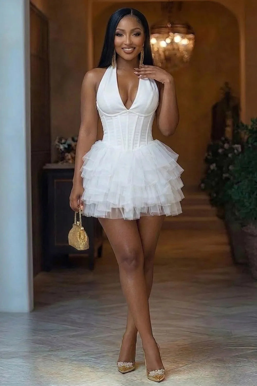 Halter V Neck Tiered Ruffle Mesh Hem Party Mini Dresses-White [Pre Order]