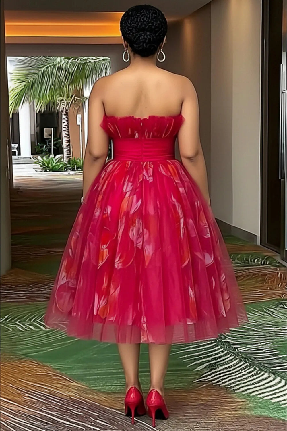 Strapless Cinch Waist Floral Pattern Mesh Gowns Midi Dresses-Red