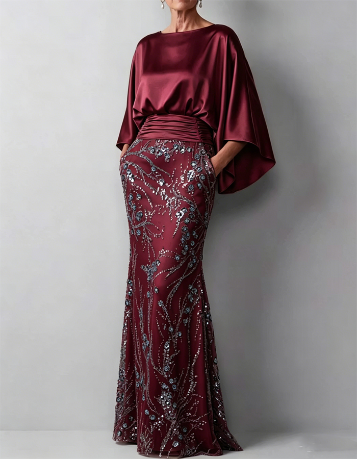 Champagne-colored Satin Cape-sleeved Maxi Dress