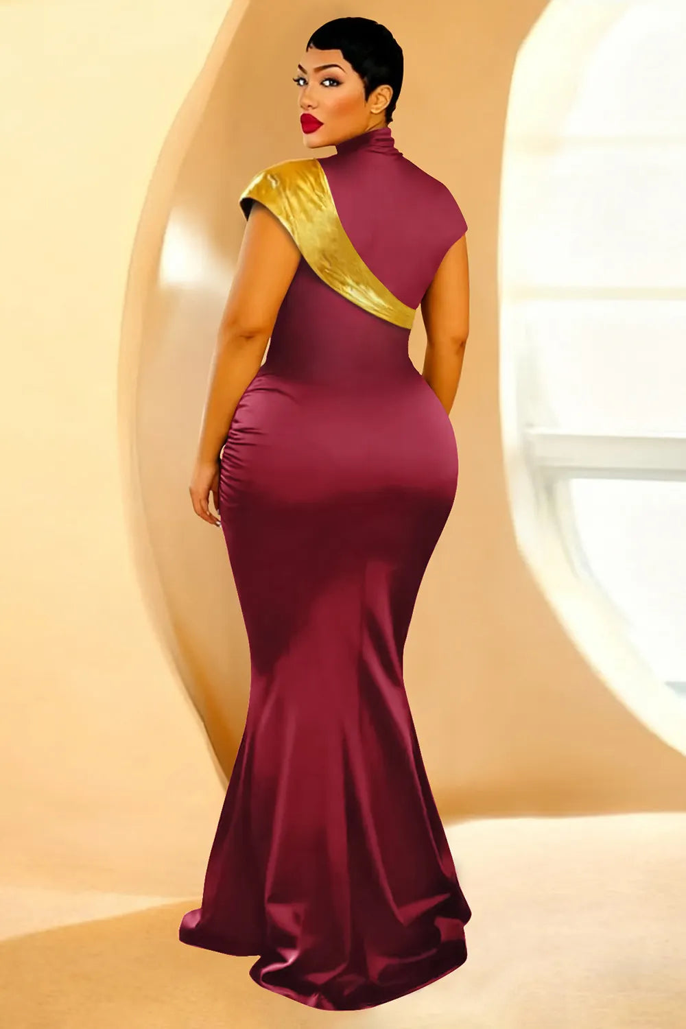 Mock Neck Short Sleeve Bronzing Colorblock Fishtail Gowns Maxi Dresses-Black