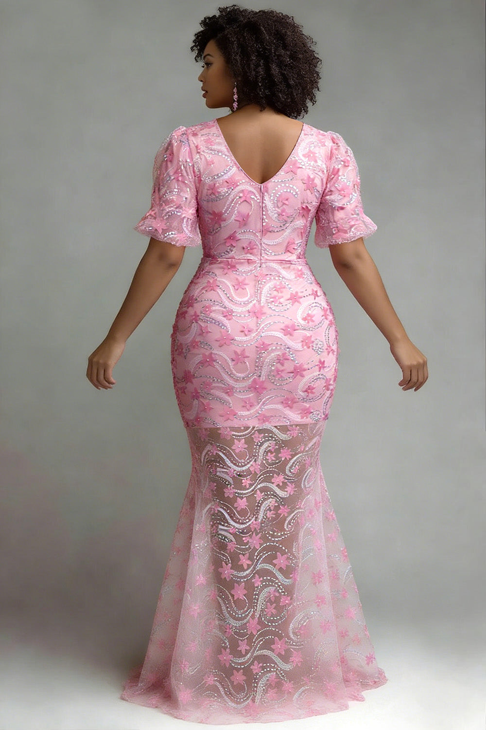 Pink V Neck Short Sleeve 3D Elegant Mermaid Maxi Dresses