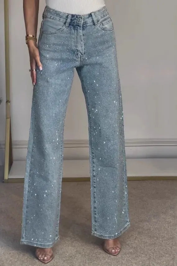Fashion Sparkling Full Rhinestone Washed Jeans