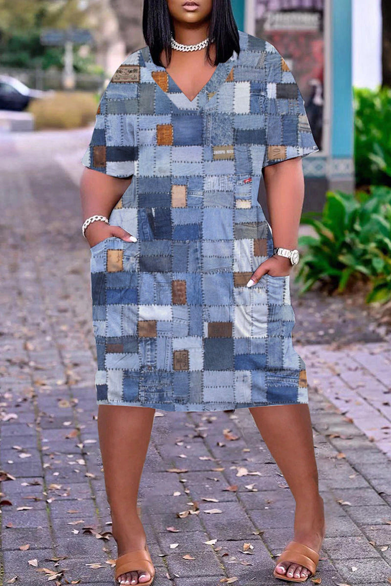 Xpluswear Plus Size Casual V Neck Short Sleeve Print Loose Midi Dress