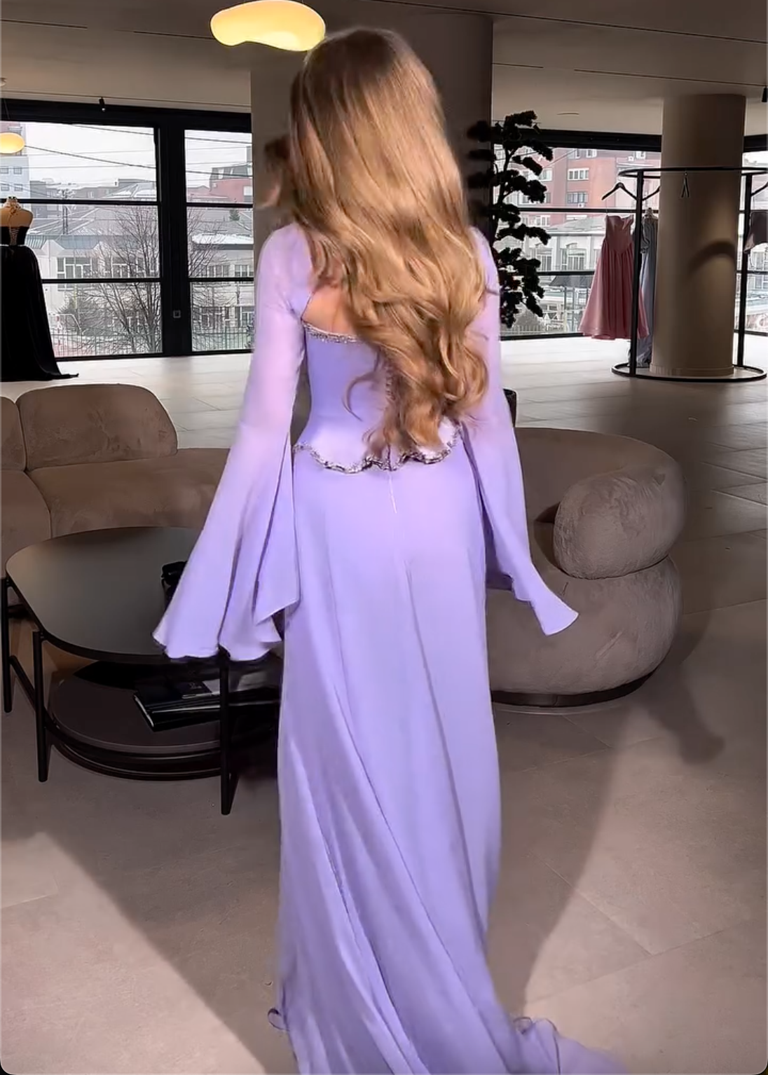 Lavender Purple Maxi Dress with Crystal Trim & Bell Sleeves