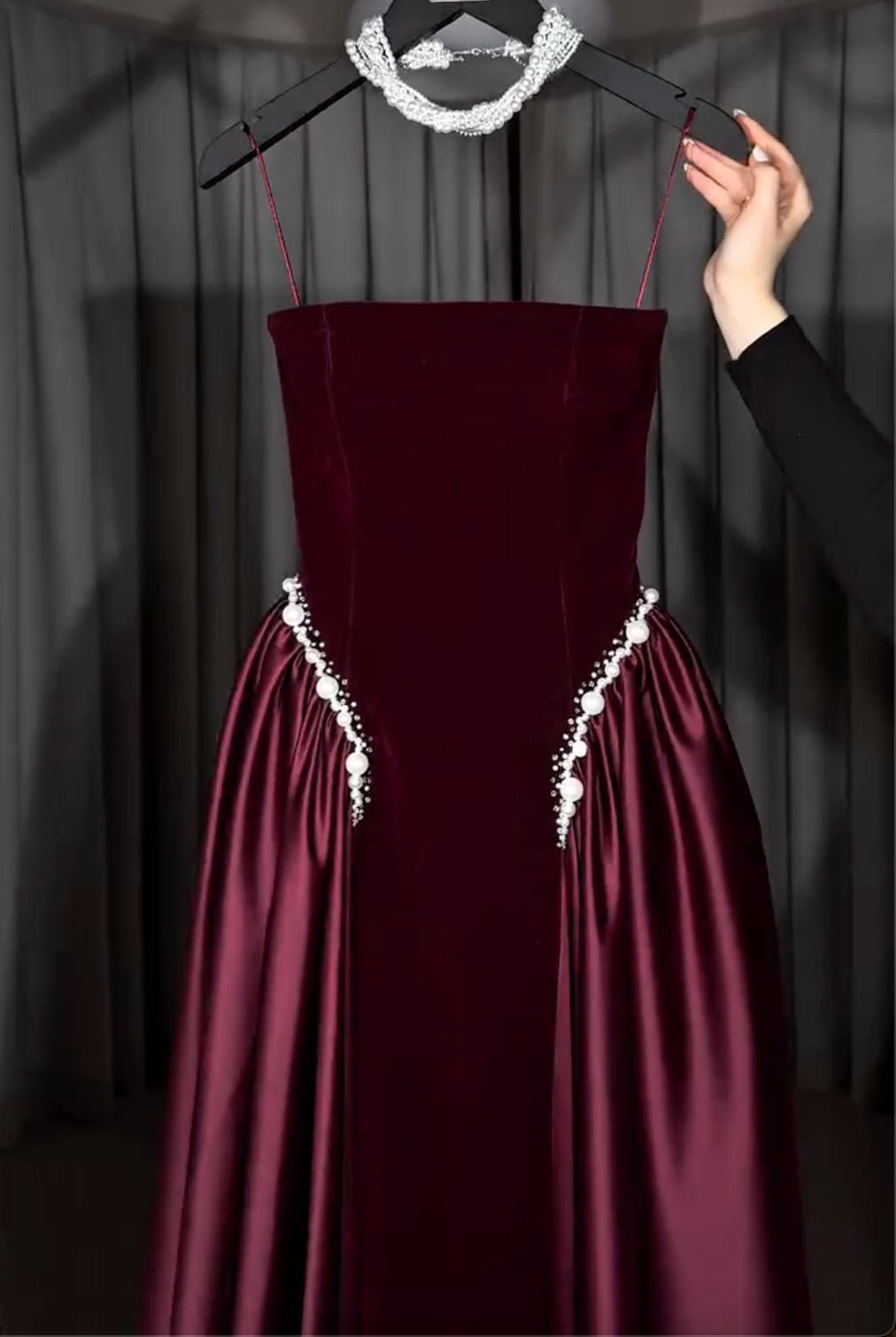 Burgundy/Navy Blue Strapless Velvet Maxi Dress with Satin Skirt & Pearl Trim