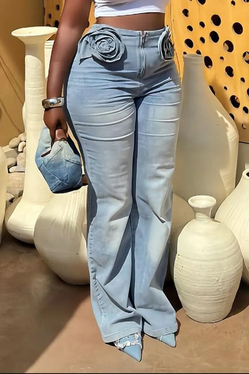 Women High Waist 3D Rose Floral Applique Light Wash Flare Jeans