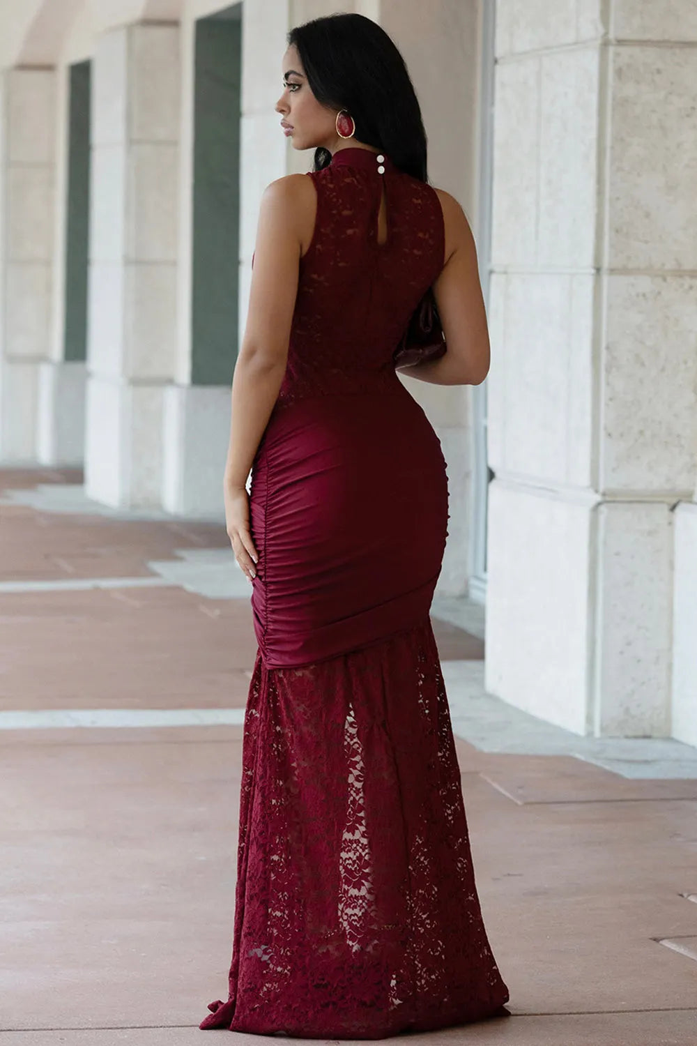 Lace Sleeveless Chest Cut Out Slit Slim Evening Gowns Maxi Dresses-Burgundy