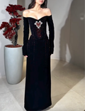 Black Off-the-Shoulder Velvet Maxi Dress with Red Heart Beading