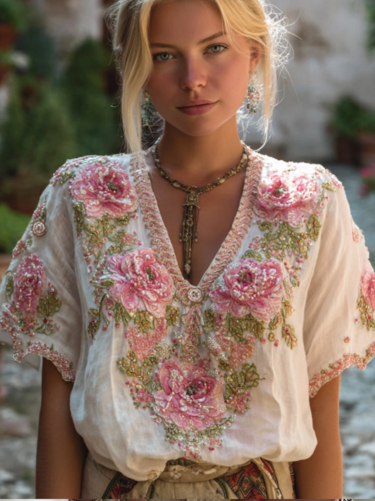 Bohemian Style Rose Embroidery V-neck Casual Short-sleeved Vintage Top