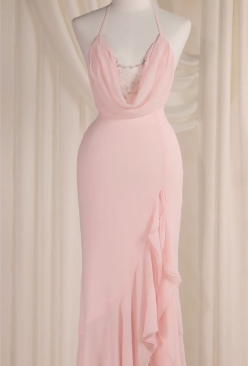 Pink Butterfly Beaded Halter Backless Chiffon Mermaid Maxi Dress