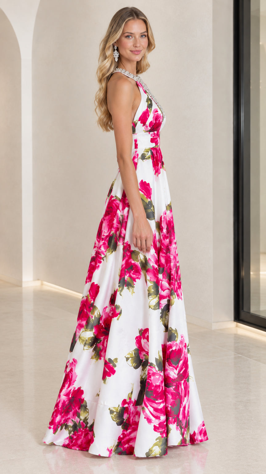 Floral Print Rhinestone Halter Neck A-Line Maxi Evening Gown