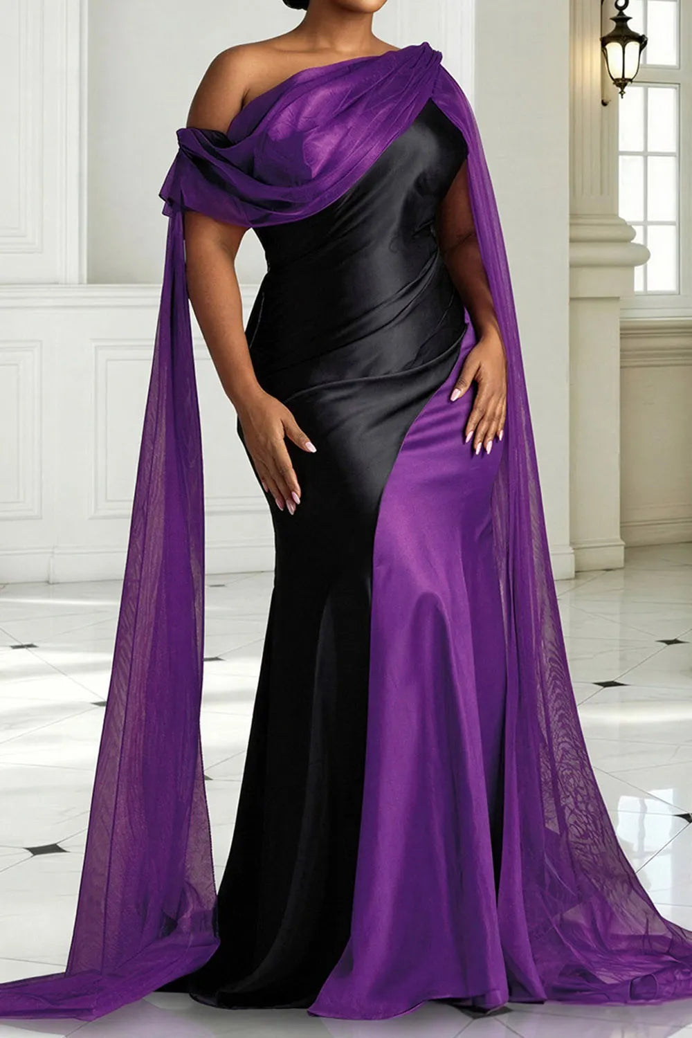 Organza Gold Oblique Collar Draped Contrast Satin Maxi Dresses [Pre-Order]