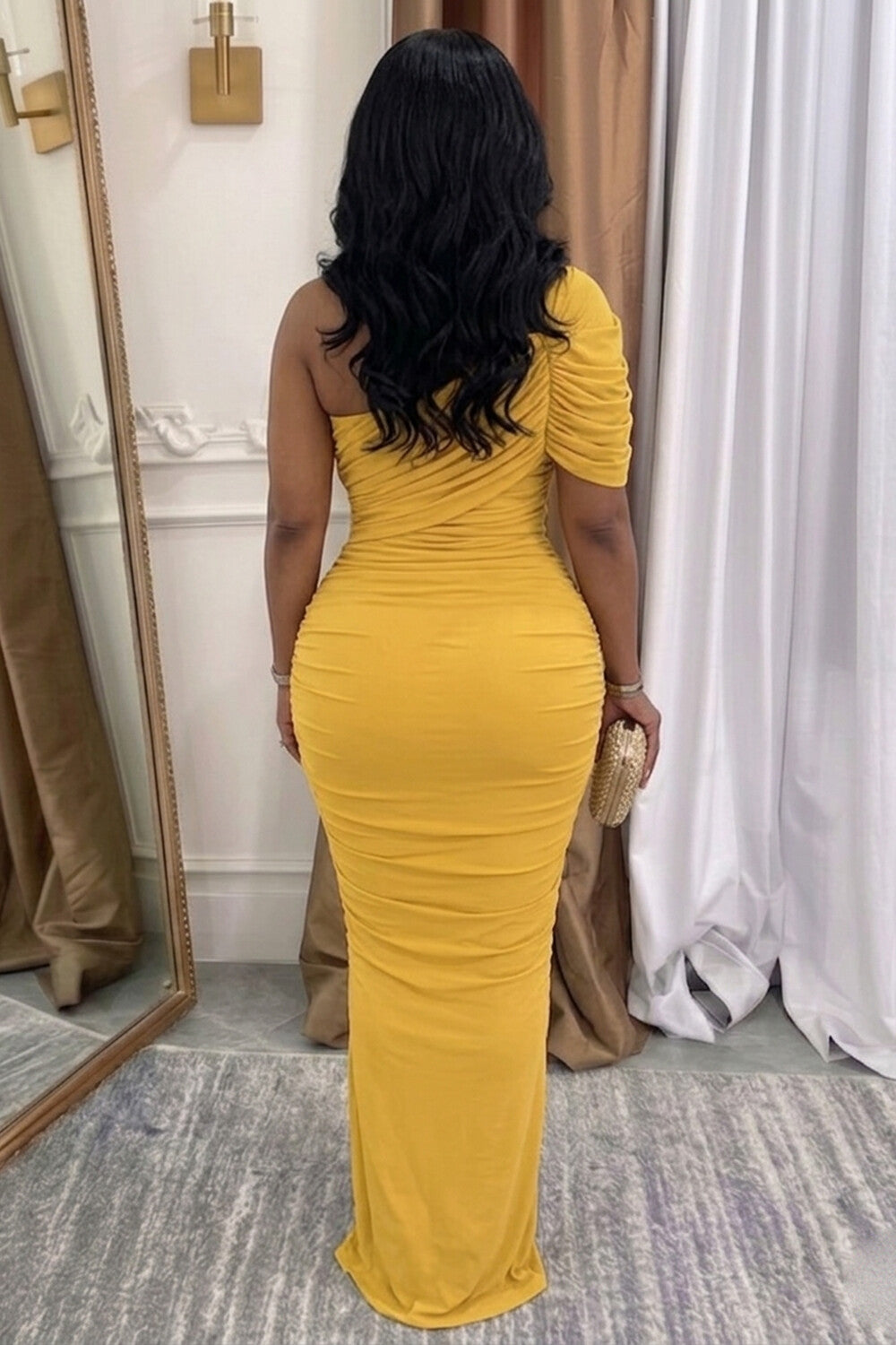 One Shoulder Ruched Solid Color Slim Casual Maxi Dresses-Yellow