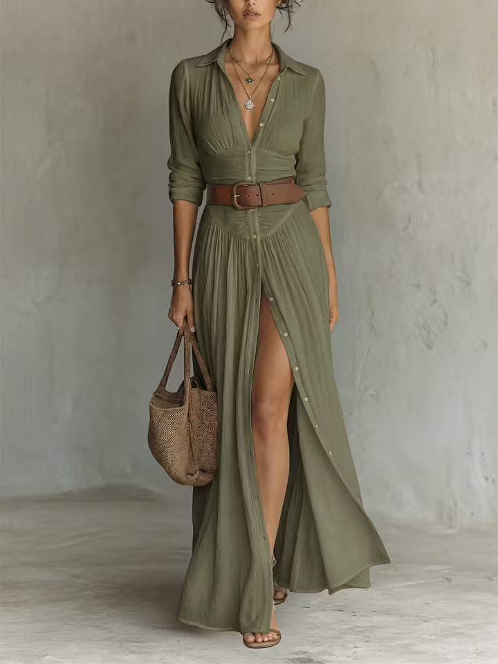 White Button-Down Pleated Shirt Maxi Dress – Effortless Resort Elegance