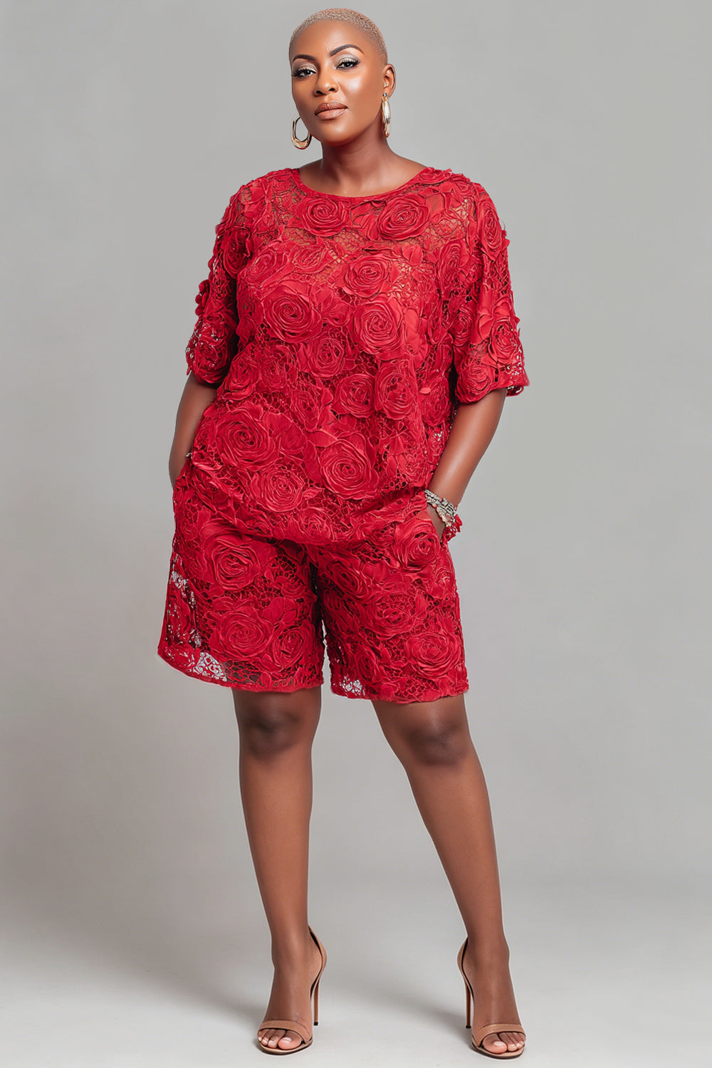 Party Red Round Neck Short Sleeve Pocket See Through Lace Two Piece Short Sets