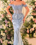 Light Blue Embellished Off-the-Shoulder Mermaid Maxi Dress
