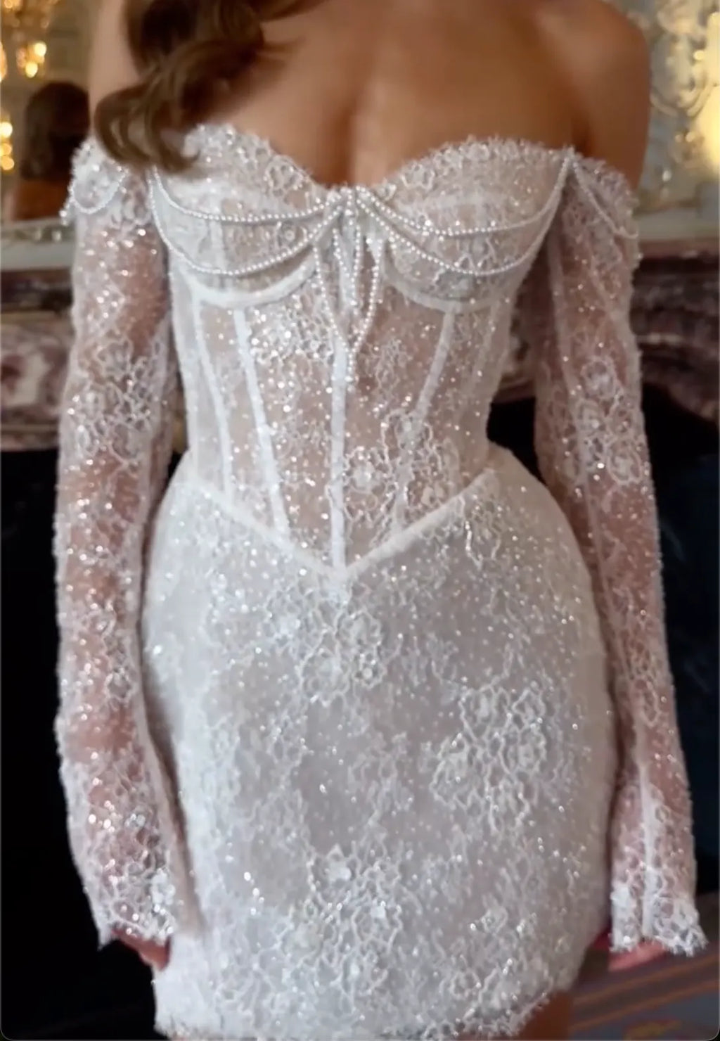 White Off-the-Shoulder Lace Corset Mini Dress with Pearl Embellishments
