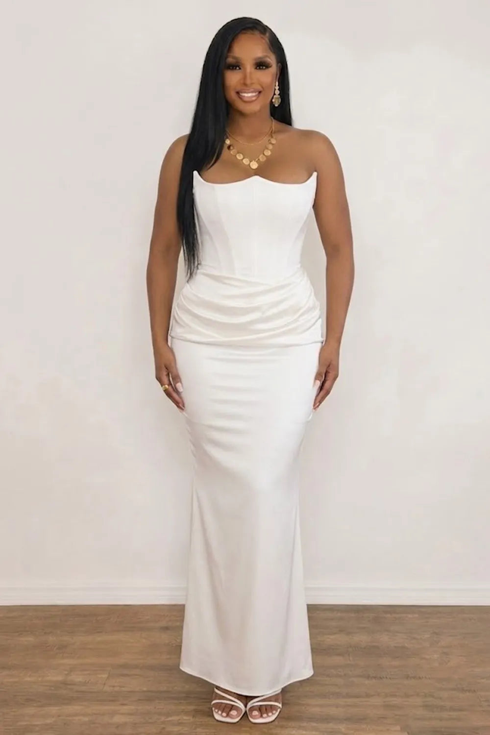 Strapless Fishbone Draped Slim Fit Evening Gowns Maxi Dresses-White