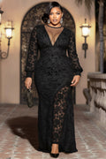 Black Round Neck Long Sleeve See Through Elegant Bodycon Lace Maxi Dresses
