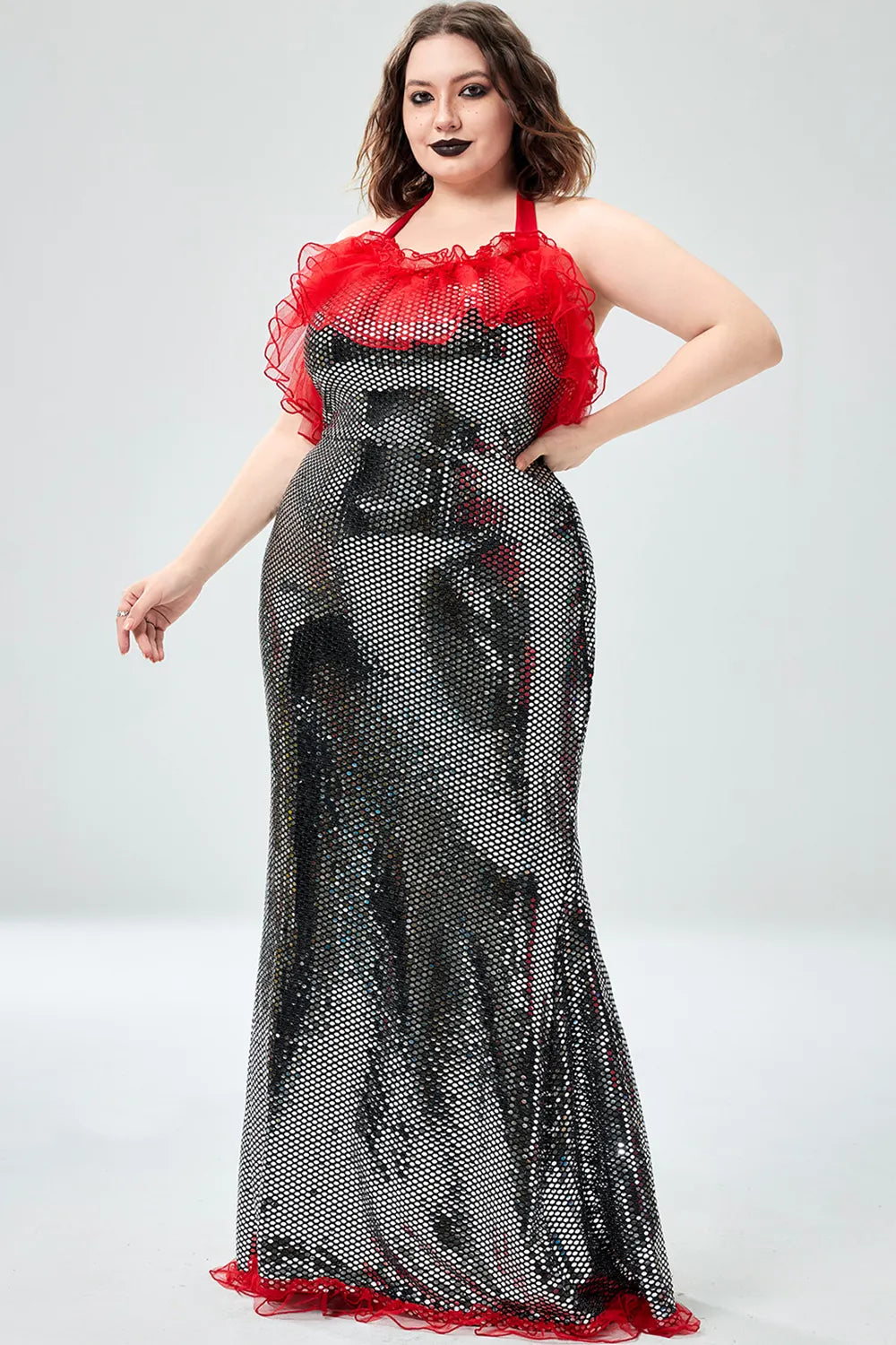 Halloween Costume Black Mermaid Gothic Overlay Ruffle Sequin Maxi Dress(Ships 24h)