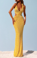 Yellow Sequin Halter Neck Cutout Mermaid Maxi Dress