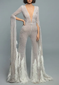 Glam Nude Sequin Flared Leg Jumpsuit with Feather Hem