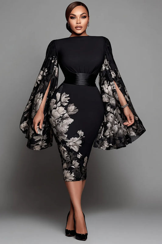 Cocktail Party Black Floral Boat Neck Flare Long Sleeve Split Bodycon Midi Dresses