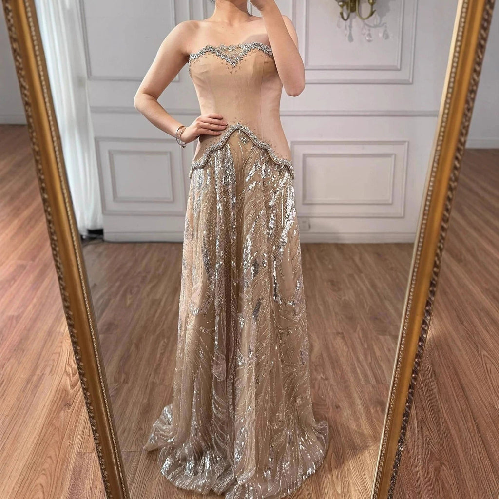 Women's Champagne Glitter Embellished Corset Maxi Dress