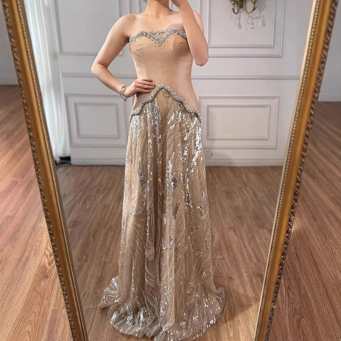 Women's Champagne Glitter Embellished Corset Maxi Dress