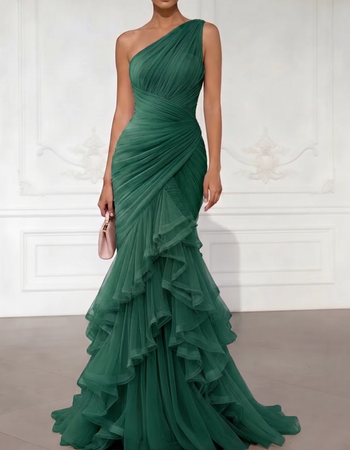 Blush One-Shoulder Ruched Tulle Ruffle Gown – Romantic Formal Elegance
