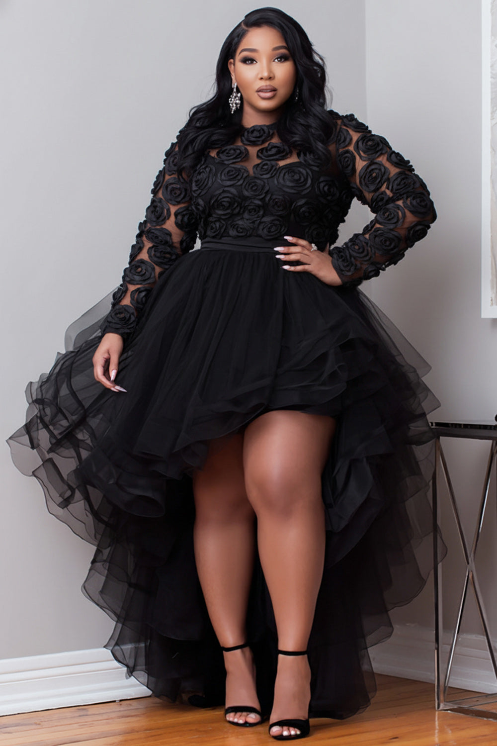 Party Gold Round Neck Long Sleeve 3D Elegant High Low Hem Tulle Mini Dresses