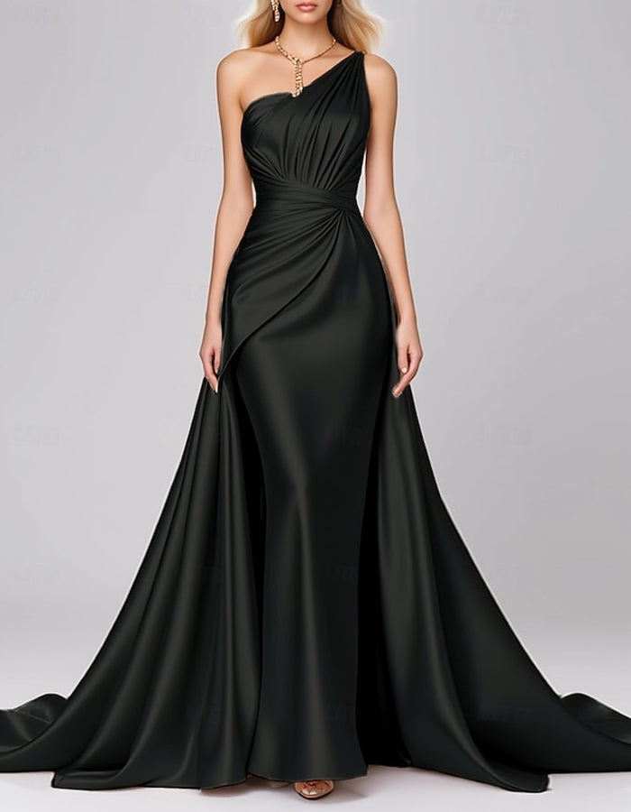 Solid One Shoulder Stretch Satin Pleated Maxi Dress