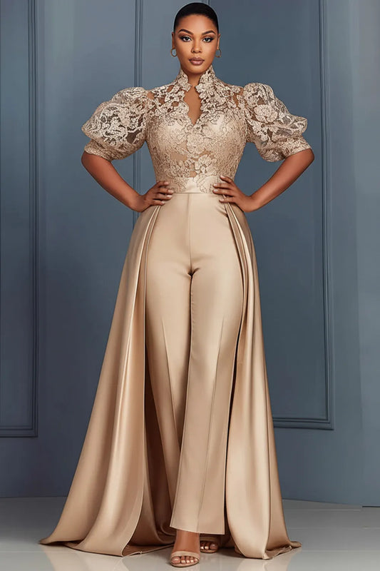 Satin Champagne Stand-Up Collar Puff Sleeve Short Sleeve Pocket With Skirt Overlay Lace Jumpsuits