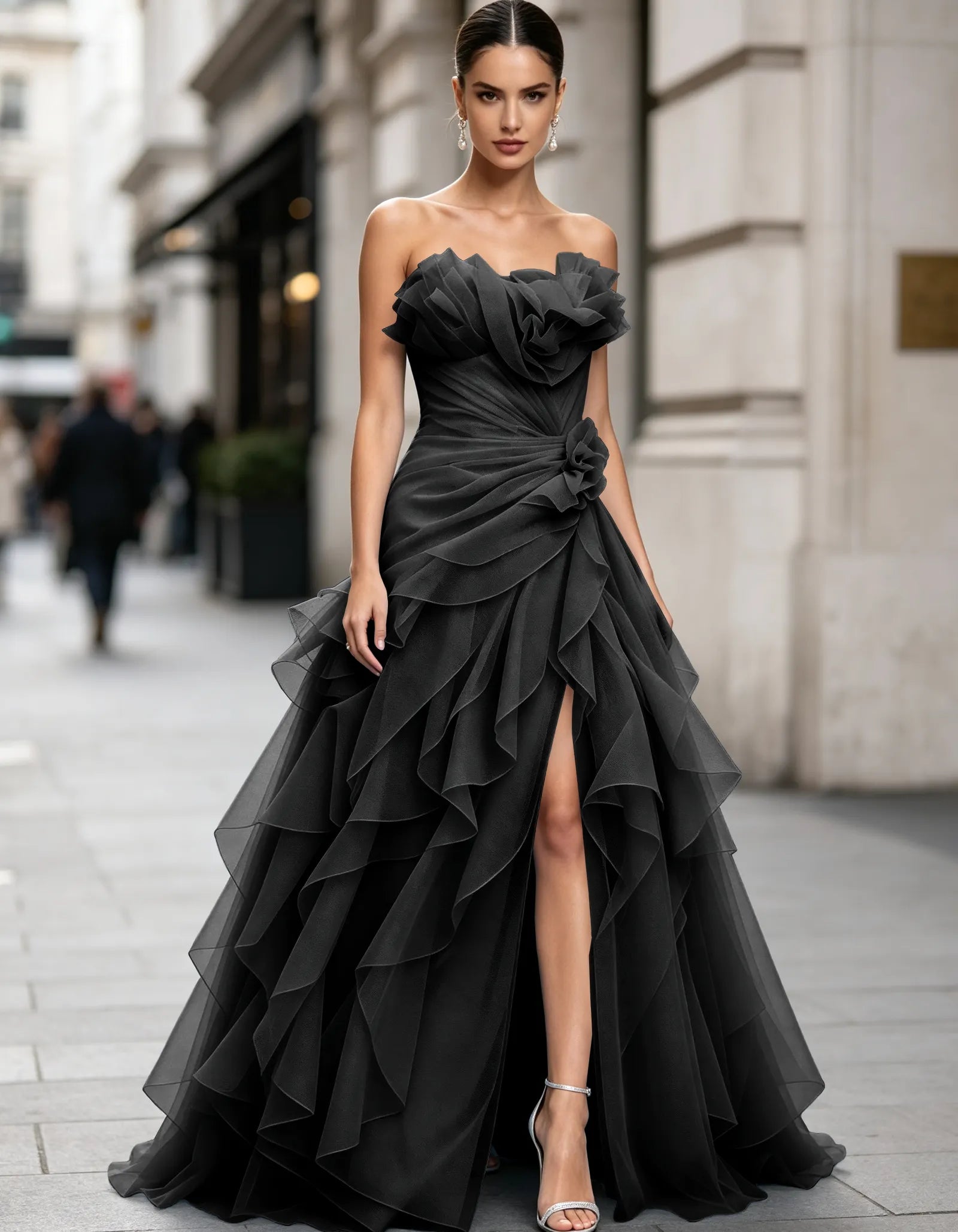 Voluminous Floral Ruffle Strapless Tulle Mermaid  Maxi Dress