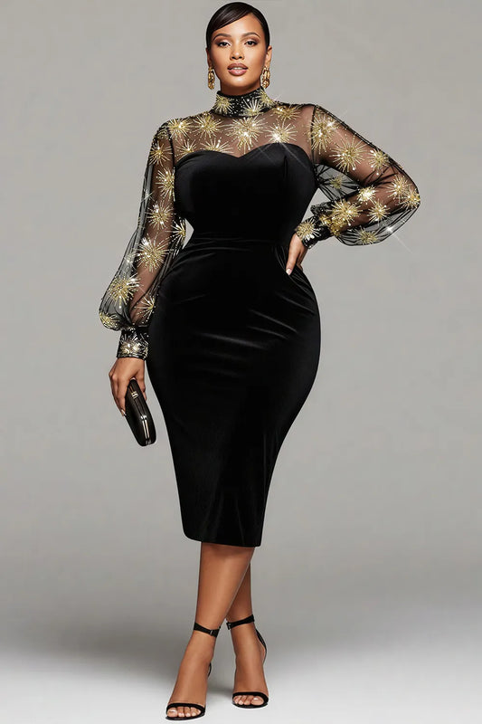 Cocktail Party Black Mock Neck Lantern Sleeve Long Sleeve See Through Elegant Bodycon Velvet Midi Dresses