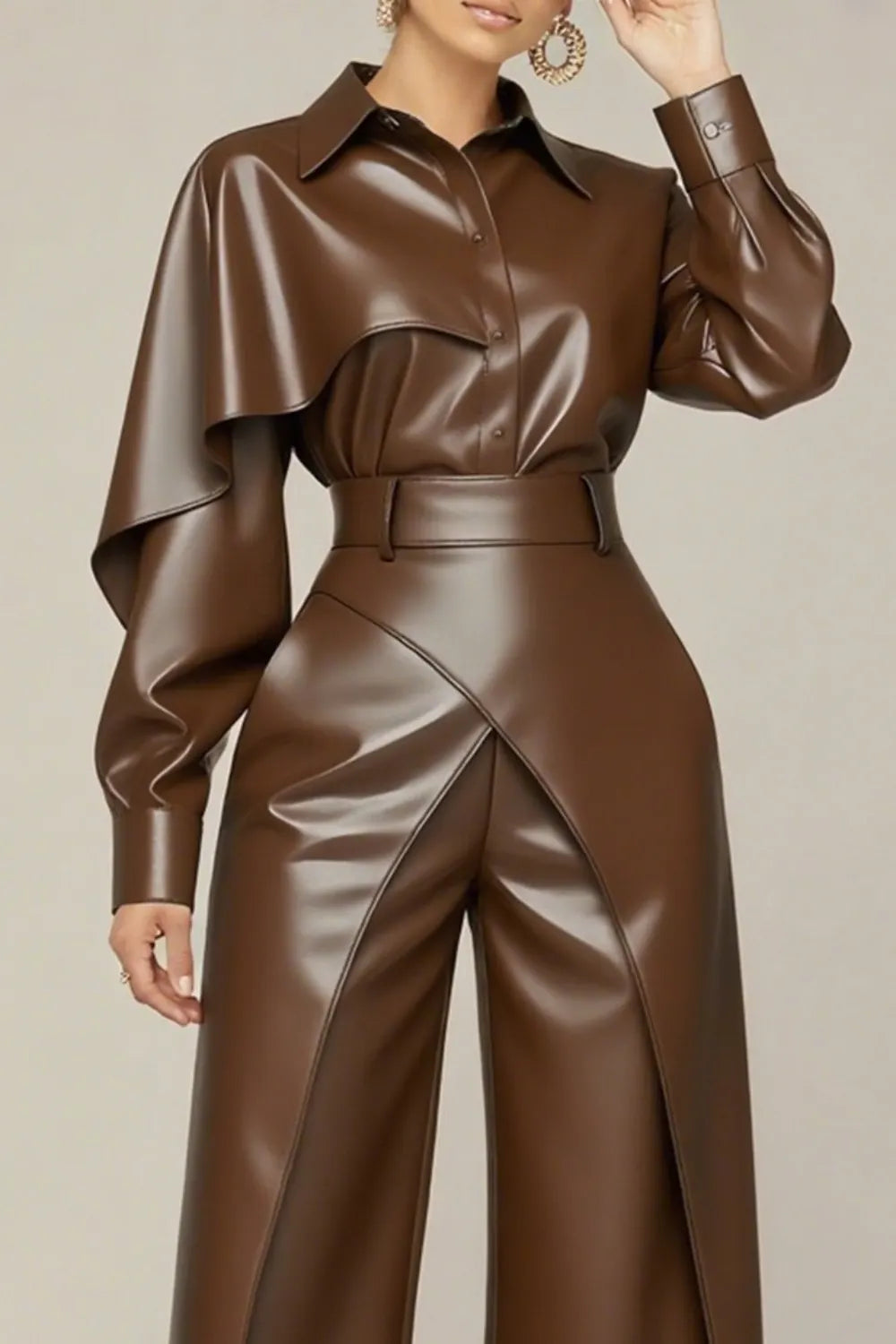 Plus Size Daily Brown Shirt Collar Long Sleeve Pocket Vintage PU Leather Two Piece Pant Sets