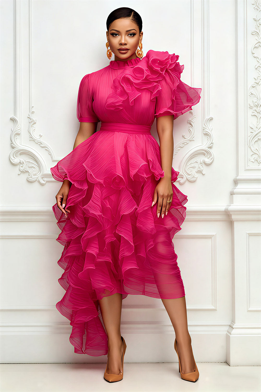 Cocktail Party Hot Pink Round Neck Short Sleeve Ruffle Asymmetric Hem Irregular Hem Tulle Midi Dresses