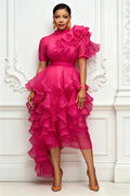 Cocktail Party Hot Pink Round Neck Short Sleeve Ruffle Asymmetric Hem Irregular Hem Tulle Midi Dresses