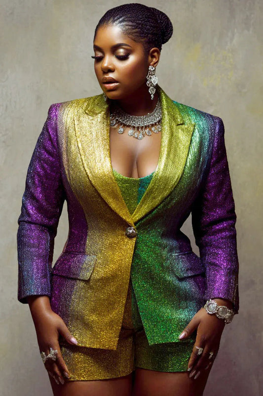 Mardi Gras Multicolor Colorblock Lapel Collar Long Sleeve Casual Two Piece Short Sets