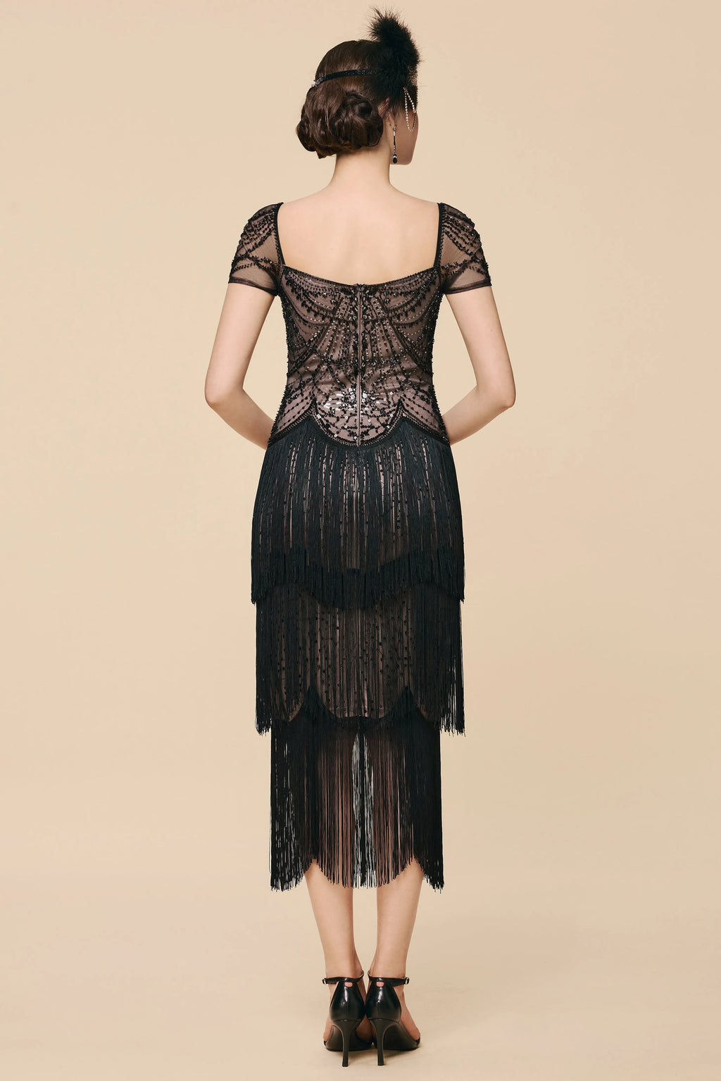 Black Beaded Fringe Gatsby Midi Dress – Vintage Cocktail Statement Look