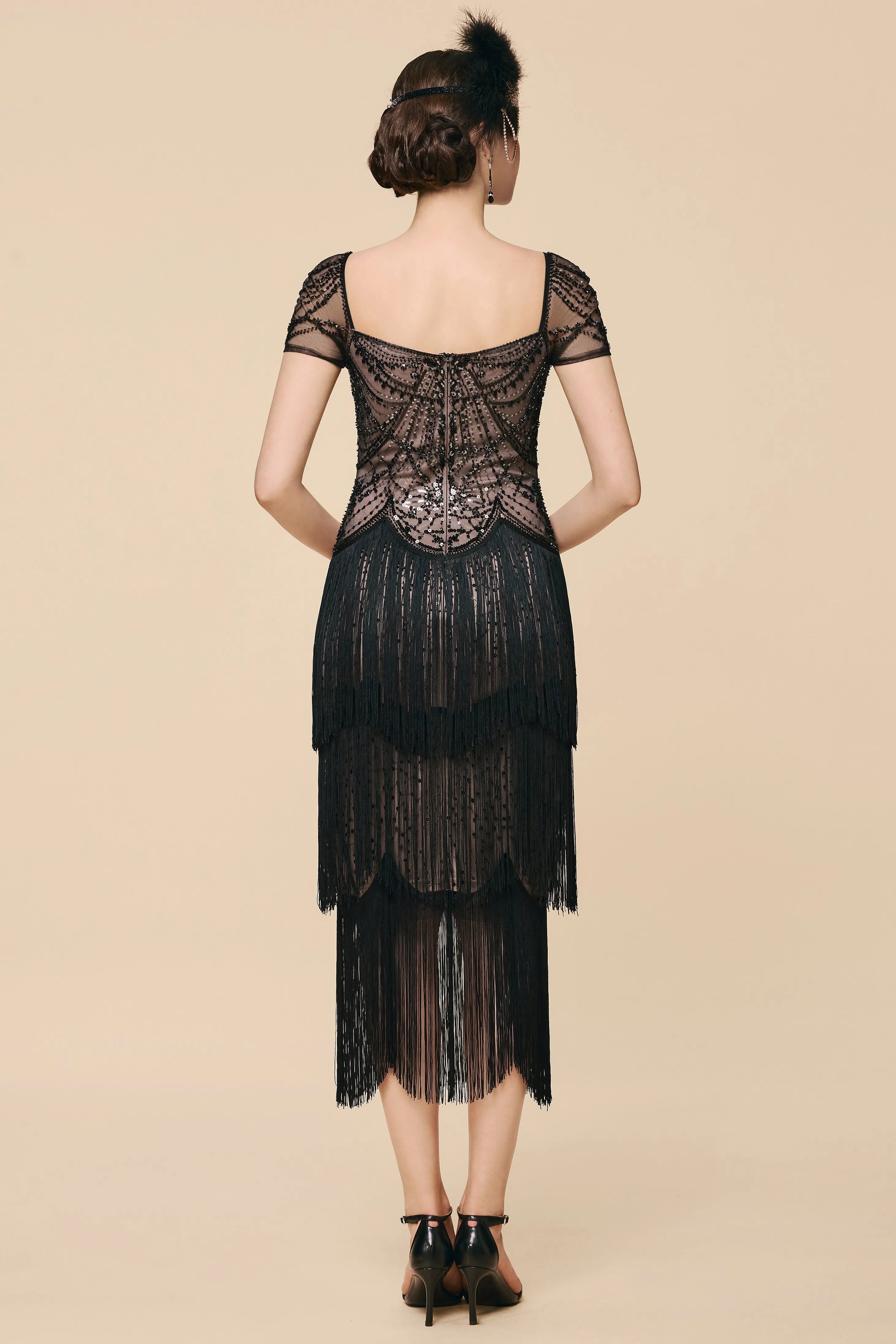 Black Beaded Fringe Gatsby Midi Dress – Vintage Cocktail Statement Look