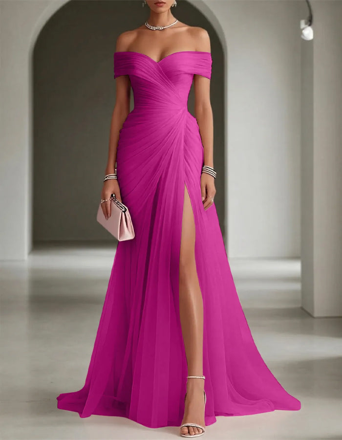 Solid Color Off Shoulder Mesh Ruching And Slit  Maxi Dress
