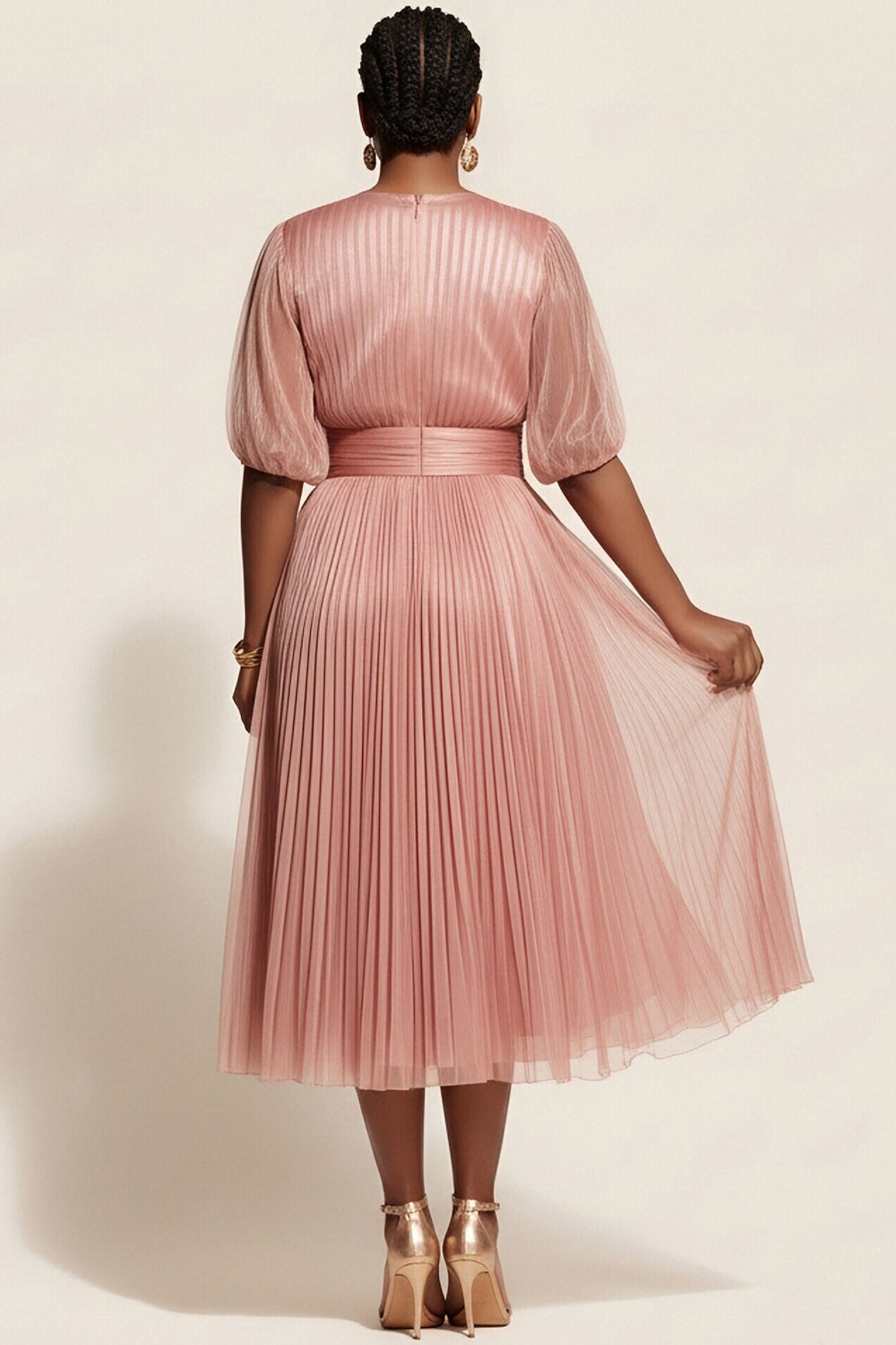 Wedding Guest Pink Wrap Neck Short Sleeve Pleated Tulle Midi Dresses