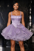 Spaghetti Strap Rhinestone Corset 3D Floral Mini Dresses-Purple [Pre Order]