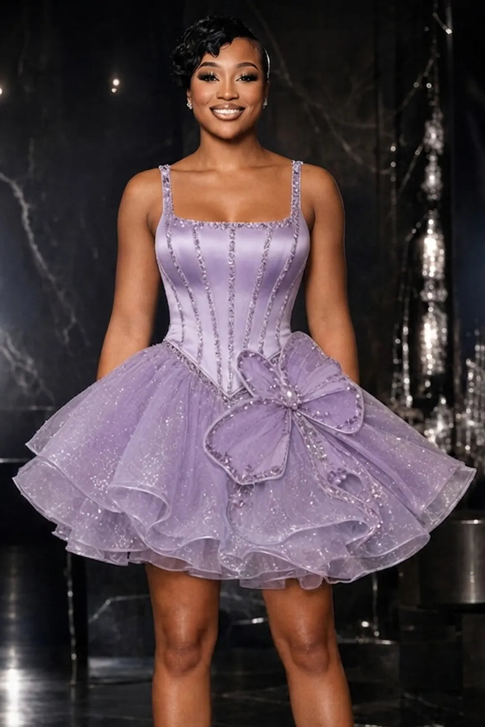 Spaghetti Strap Rhinestone Corset 3D Floral Mini Dresses-Purple [Pre Order]