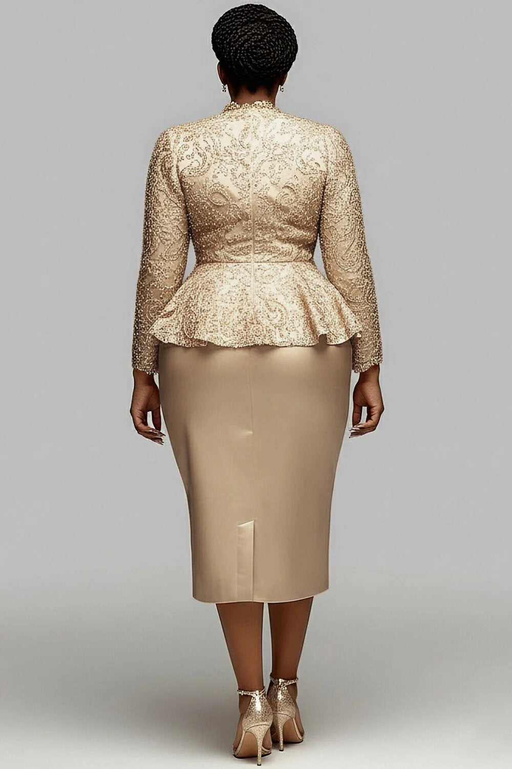 Cocktail Party Lace Champagne V Neck Long Sleeve Ruffle Bodycon Satin Two Piece Skirt Sets