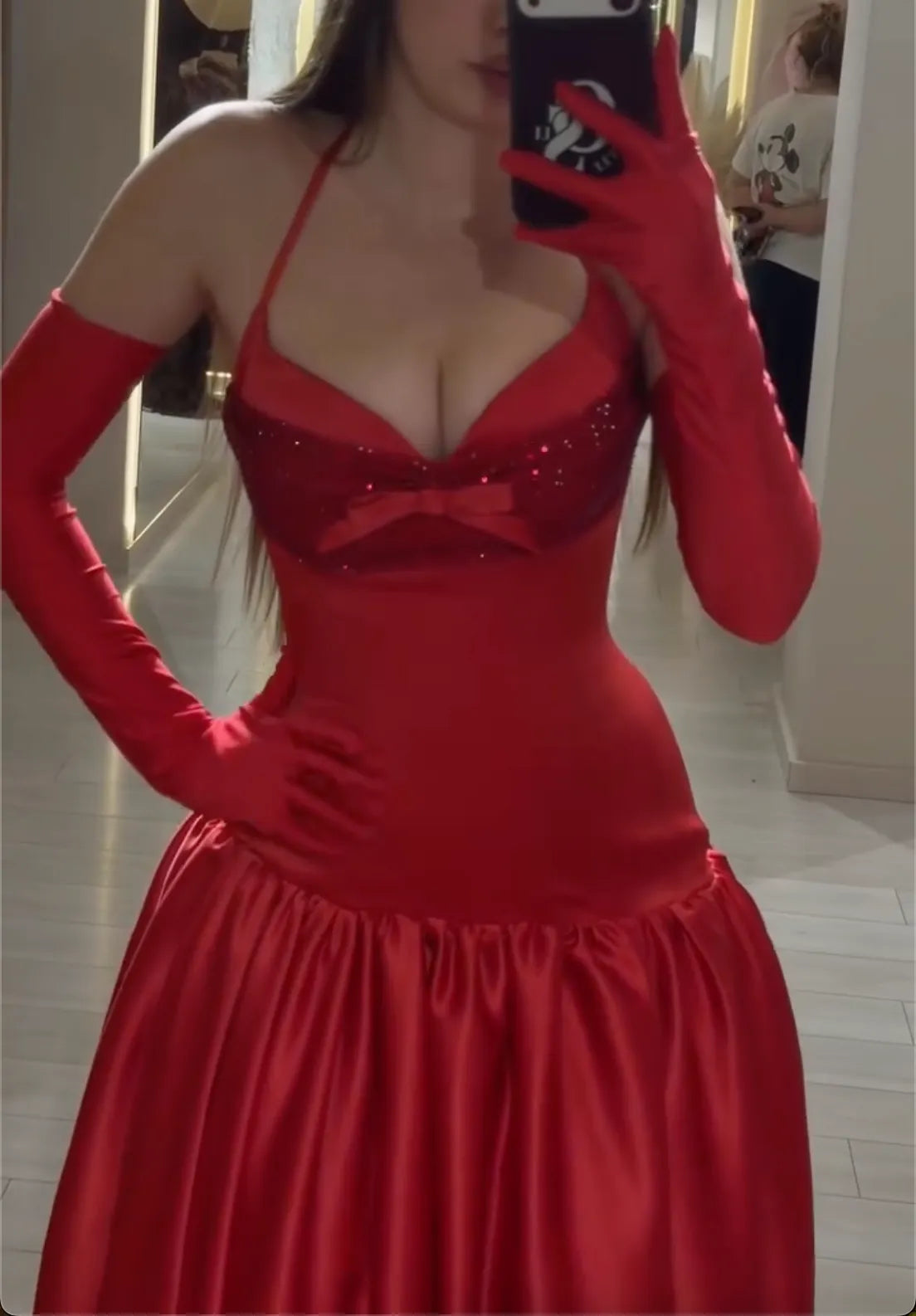 Red Halter Satin Ball Gown - Sparkly Bustier Maxi Formal Dress with Matching Gloves