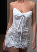 White Strapless Mini Dress - Sheer Lace Cocktail Dress with Pearl Detail
