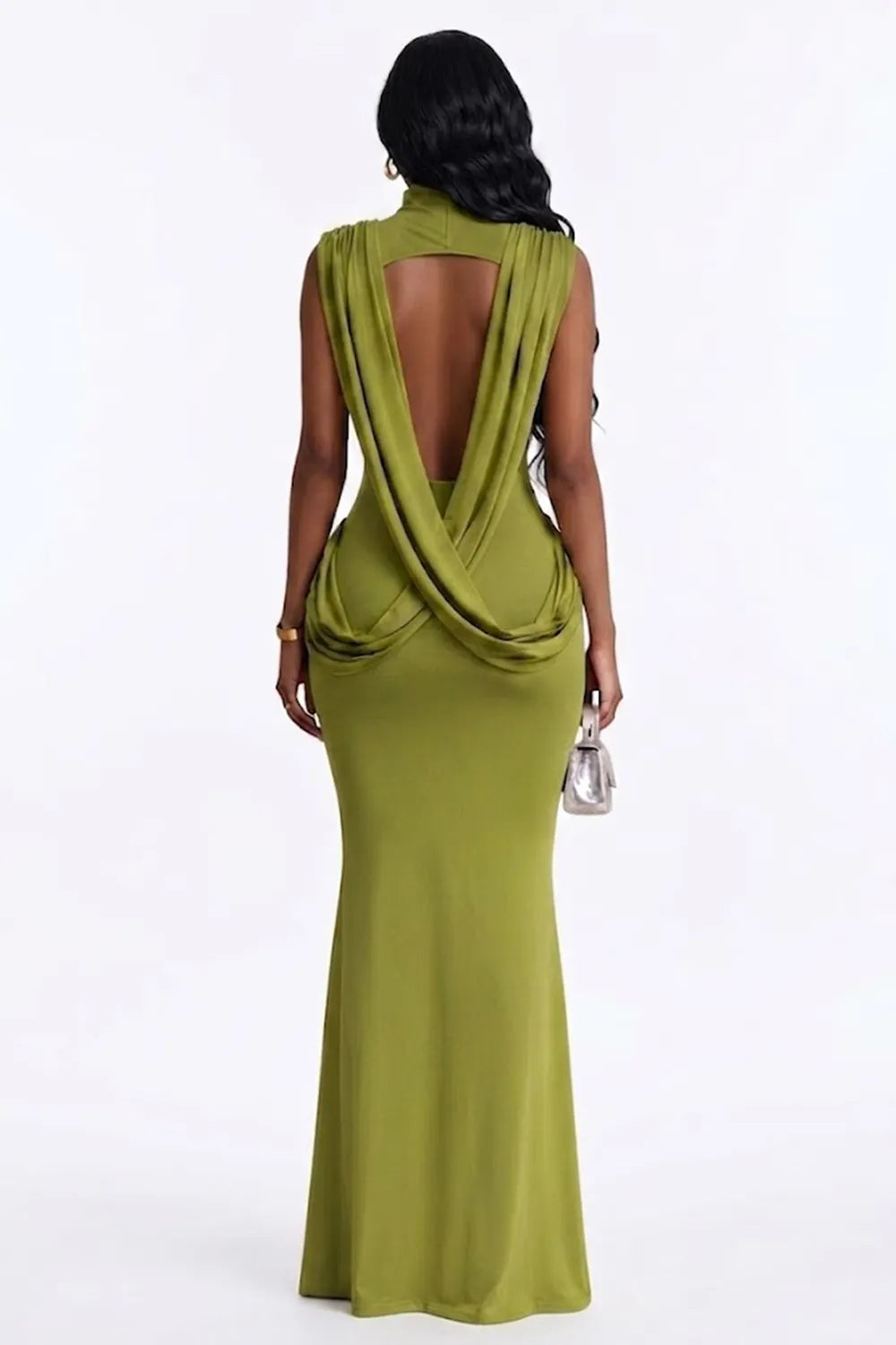 Mock Neck Sleeveless Side Ruched Backless Mermaid Gowns Maxi Dresses-Green